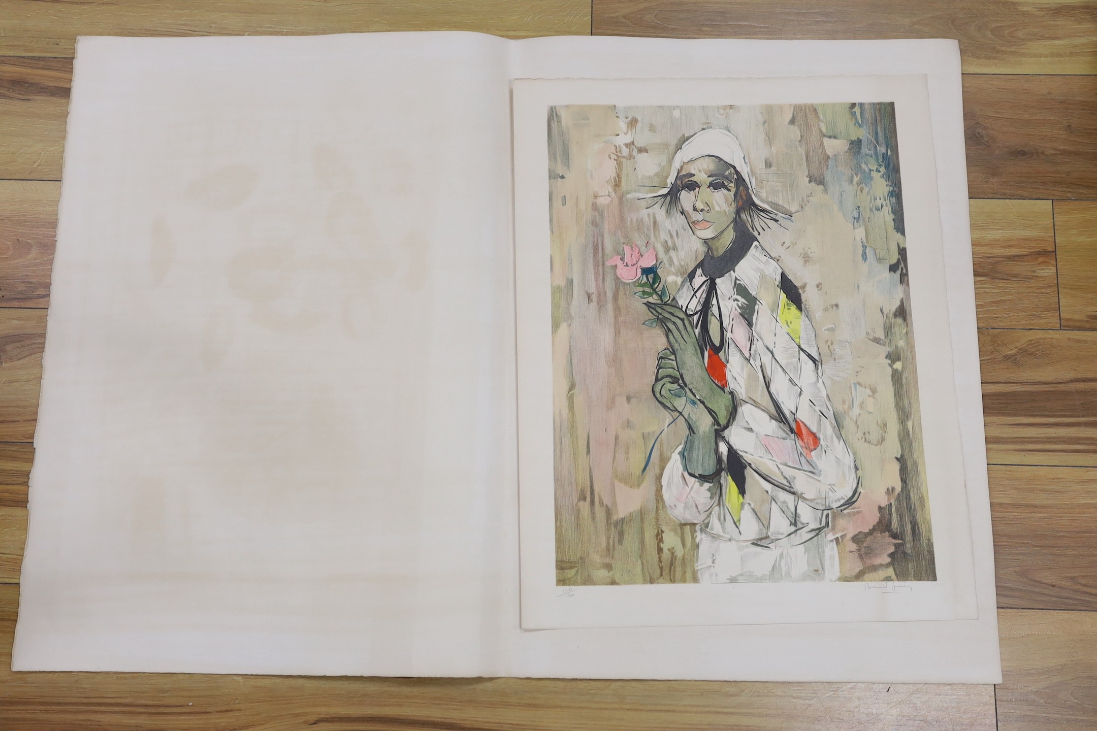 French School, lithograph, Harlequin holding a rose, indistinctly signed and numbered 120/150, 56 x 42cm, unframed